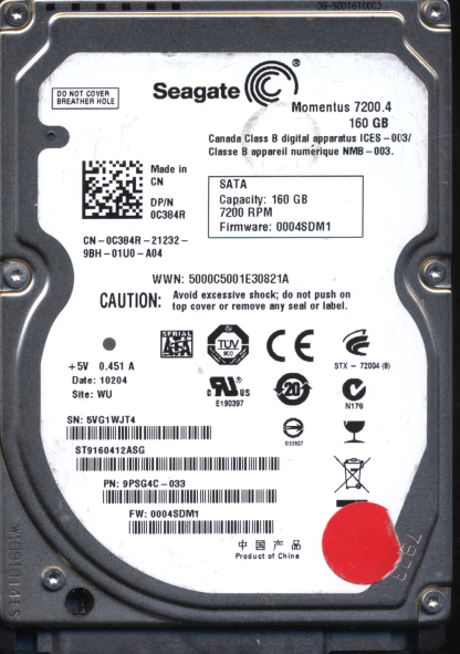 SEAGATE 160GB ST9160412ASG 9PSG4C-033 SN 5VG 100536286 DONOR DRIVE