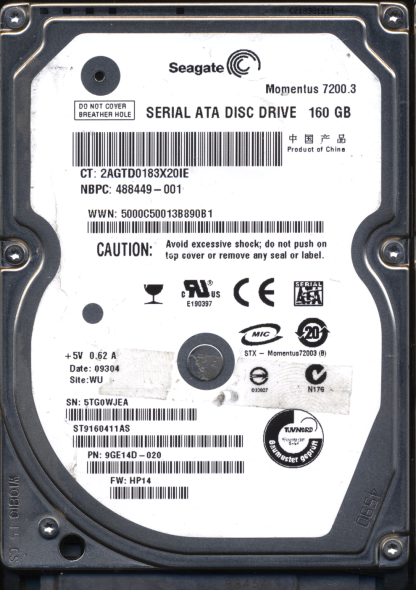 SEAGATE 160GB ST9160411AS 9GE14D-020 SN 5TG FW HP14 100513573 DONOR DRIVE