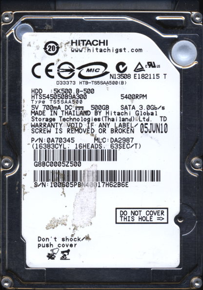 Hitachi 500GB HTS545050B9A300 0A70345 MLC DA2987 220 0A90161 01 Donor Drive
