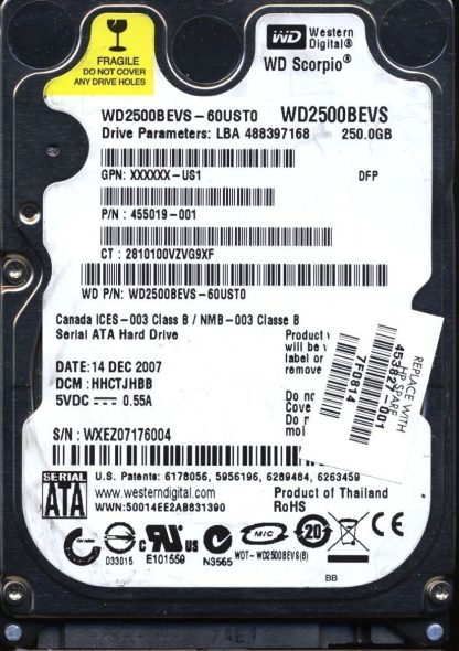 WD 250GB WD2500BEVS-60UST0 DCM HHCTJHBB TJ 2060-701499-000 Donor Drive
