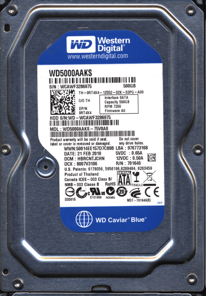 WD 500GB WD5000AAKS-75V0A0 DCM HBRCNTJCHN TJ 2060-701640-002 Donor Drive