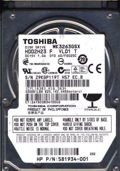 TOSHIBA 320GB MK3263GSX HDD2H23 A0/FG020C G002439 Donor Drive