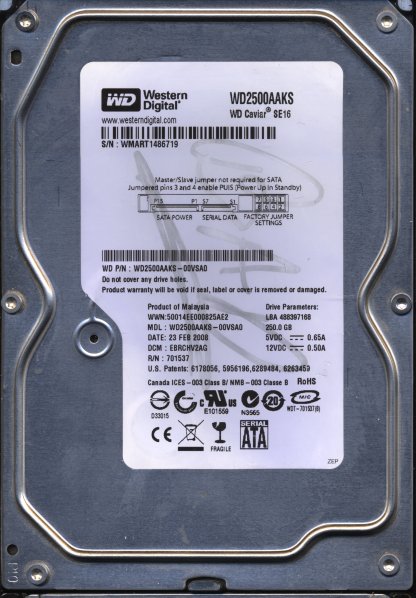 WD 250GB WD2500AAKS-00VSA0 DCM EBRCHV2AG V2 2060-701537-002 Donor Drive