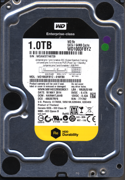 WD 1TB WD1003FBYZ-010FB0 DCM HARNHTJAHB TJ 2060-771702-001 Donor Drive
