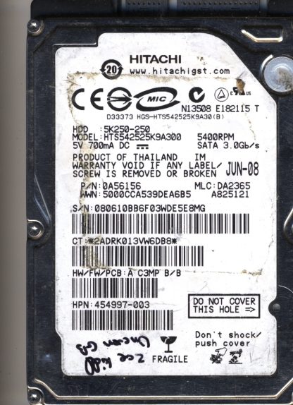 Hitachi 250GB HTS542525K9A30 454997-003 MLC DA2365 2200A9000201 Donor Drive